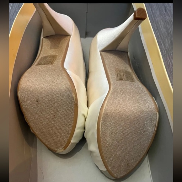 David’s Bridal metallic cream, open-toe high heels with rhinestones. - Picture 3 of 5
